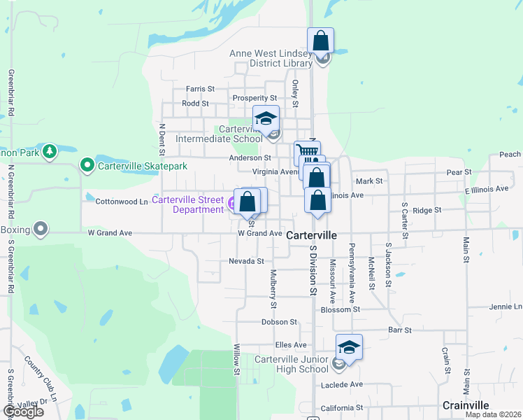 map of restaurants, bars, coffee shops, grocery stores, and more near 402 Washington Street in Carterville