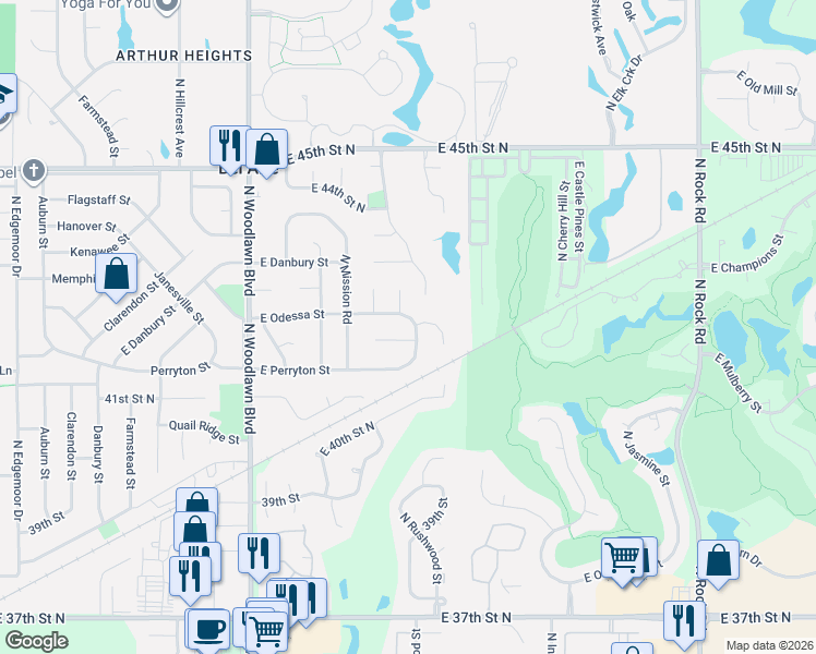map of restaurants, bars, coffee shops, grocery stores, and more near 4212 North Rushwood Street in Bel Aire