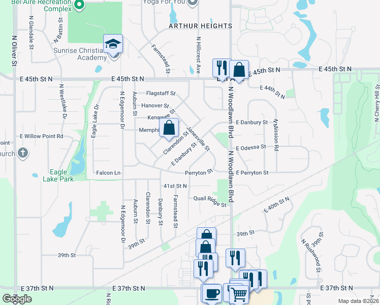 map of restaurants, bars, coffee shops, grocery stores, and more near 6023 Danbury St in Bel Aire