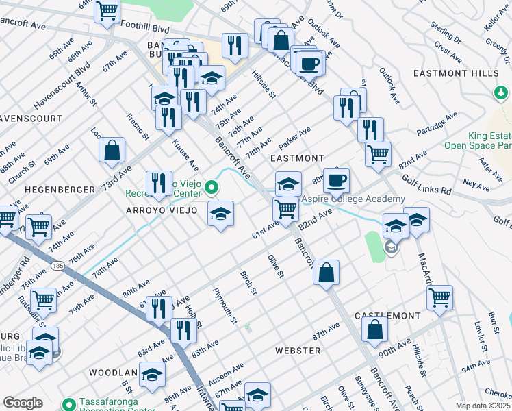 map of restaurants, bars, coffee shops, grocery stores, and more near 2001 80th Avenue in Oakland