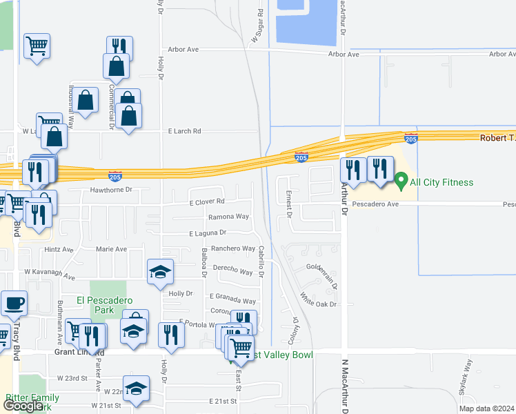 map of restaurants, bars, coffee shops, grocery stores, and more near 3350 Cabrillo Drive in Tracy