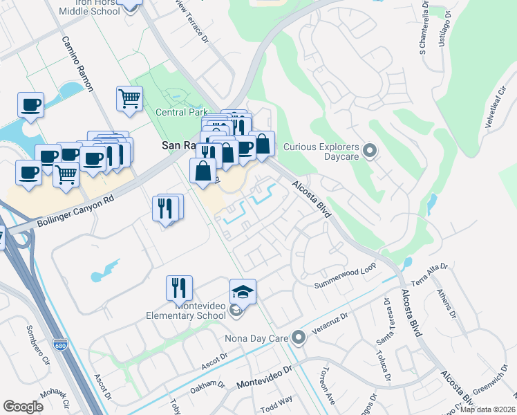 map of restaurants, bars, coffee shops, grocery stores, and more near 255 Reflections Drive in San Ramon