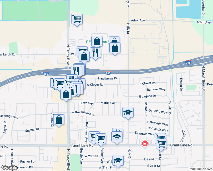 map of restaurants, bars, coffee shops, grocery stores, and more near 276 West Clover Road in Tracy