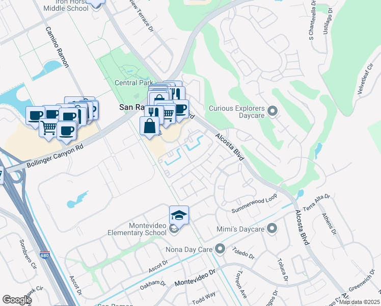 map of restaurants, bars, coffee shops, grocery stores, and more near in San Ramon