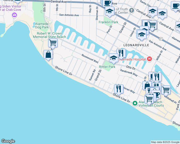 map of restaurants, bars, coffee shops, grocery stores, and more near 404 Coral Reef Road in Alameda