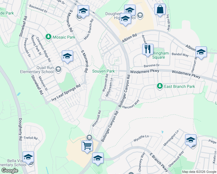 map of restaurants, bars, coffee shops, grocery stores, and more near 2368 Millstream Lane in San Ramon