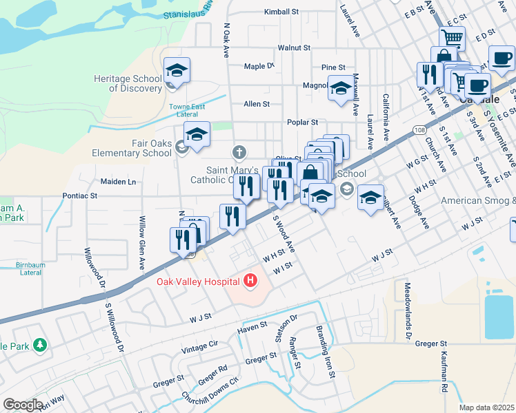 map of restaurants, bars, coffee shops, grocery stores, and more near 1214 West F Street in Oakdale