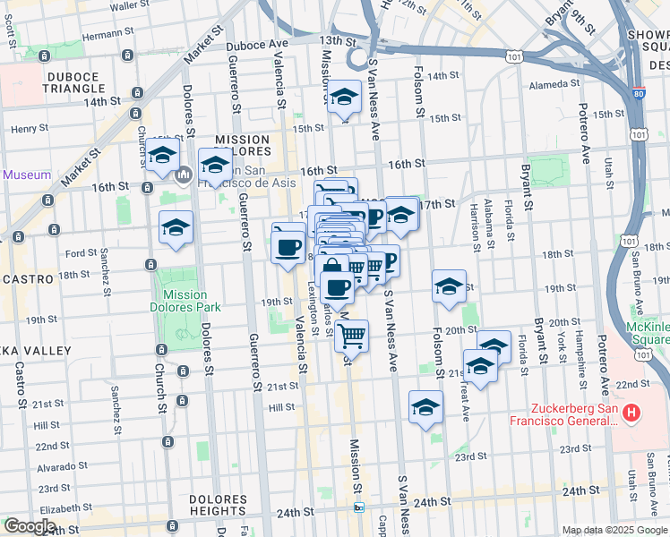 map of restaurants, bars, coffee shops, grocery stores, and more near 2200 Mission Street in San Francisco