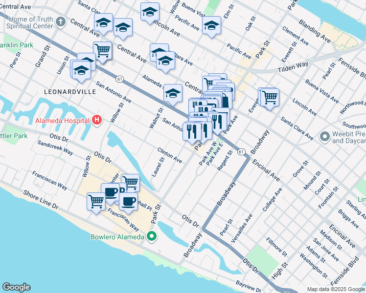map of restaurants, bars, coffee shops, grocery stores, and more near San Jose Avenue in Alameda