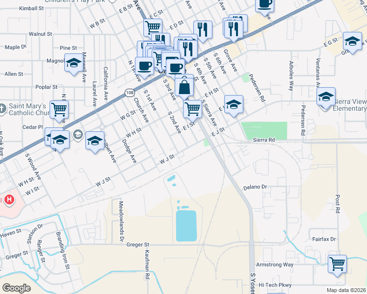 map of restaurants, bars, coffee shops, grocery stores, and more near 180 East J Street in Oakdale