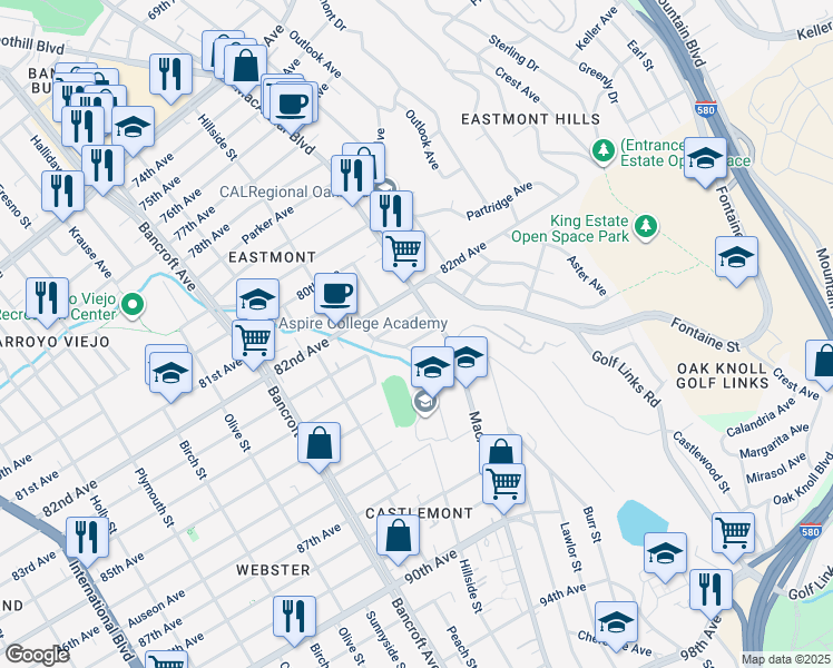 map of restaurants, bars, coffee shops, grocery stores, and more near 2527 84th Avenue in Oakland