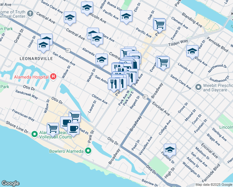 map of restaurants, bars, coffee shops, grocery stores, and more near 1213 Park Street in Alameda