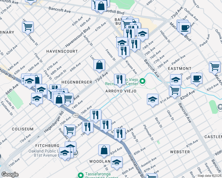 map of restaurants, bars, coffee shops, grocery stores, and more near 7514 Holly Street in Oakland