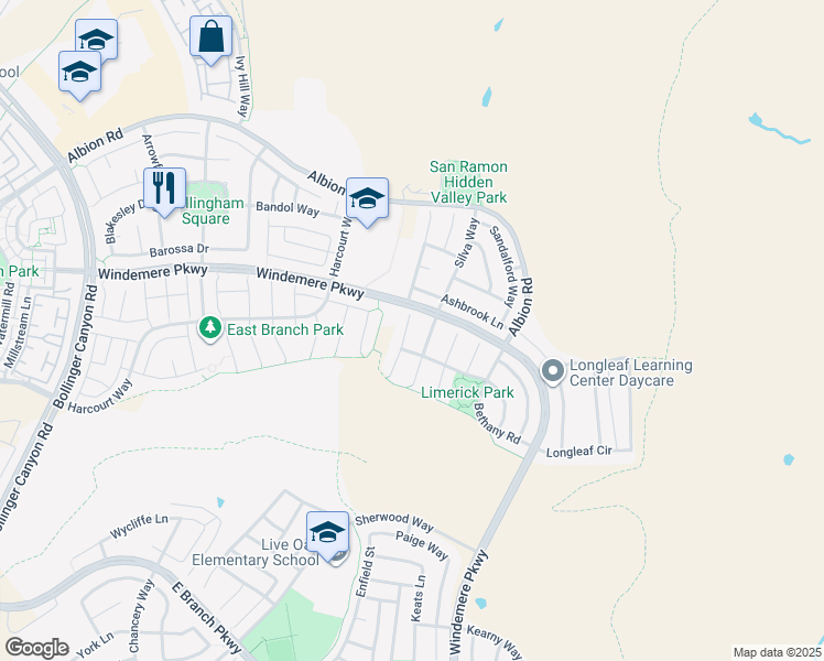 map of restaurants, bars, coffee shops, grocery stores, and more near 626 Karina Court in San Ramon