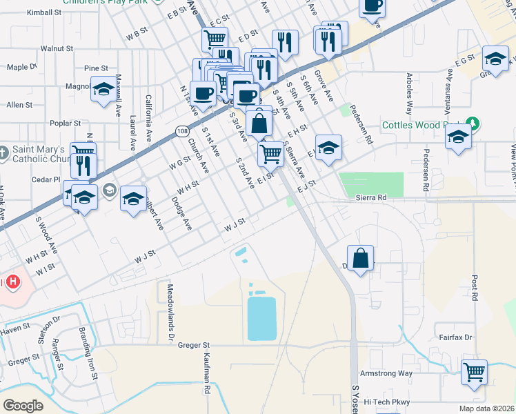 map of restaurants, bars, coffee shops, grocery stores, and more near 131 East J Street in Oakdale