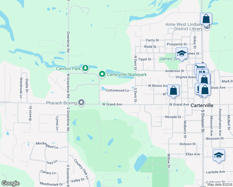 map of restaurants, bars, coffee shops, grocery stores, and more near 811-815 Cottonwood Lane in Carterville