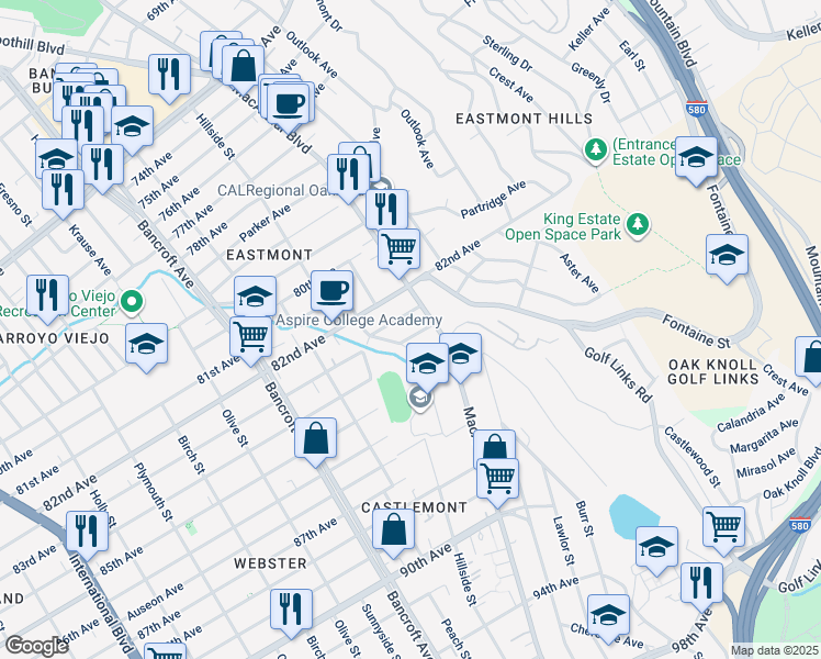 map of restaurants, bars, coffee shops, grocery stores, and more near 2527 84th Avenue in Oakland