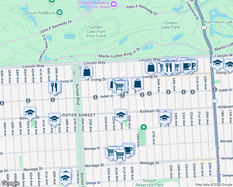 map of restaurants, bars, coffee shops, grocery stores, and more near 2630 Judah Street in San Francisco