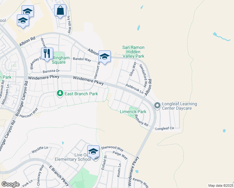 map of restaurants, bars, coffee shops, grocery stores, and more near 626 Karina Court in San Ramon