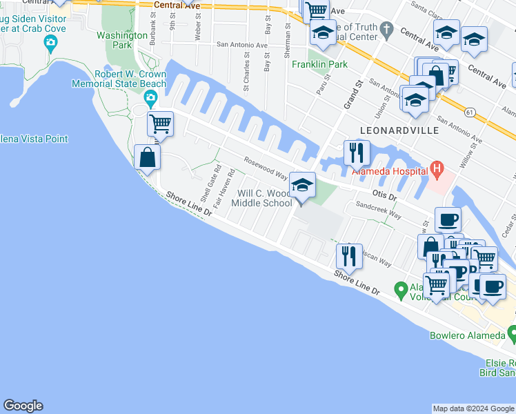 map of restaurants, bars, coffee shops, grocery stores, and more near 401 Coral Reef Road in Alameda