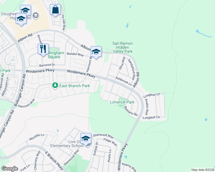 map of restaurants, bars, coffee shops, grocery stores, and more near 608 Karina Court in San Ramon