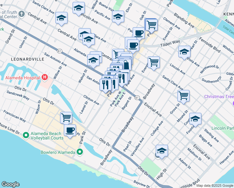 map of restaurants, bars, coffee shops, grocery stores, and more near 1231 Park Avenue in Alameda