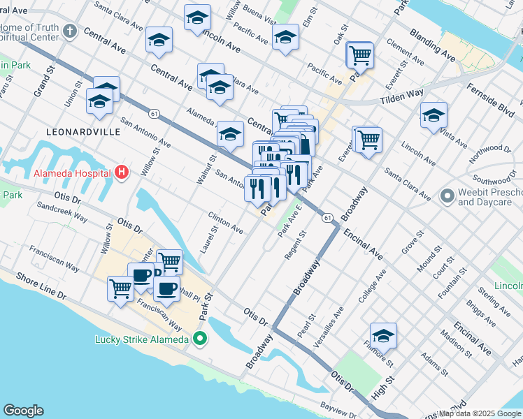 map of restaurants, bars, coffee shops, grocery stores, and more near 1209 Park Street in Alameda