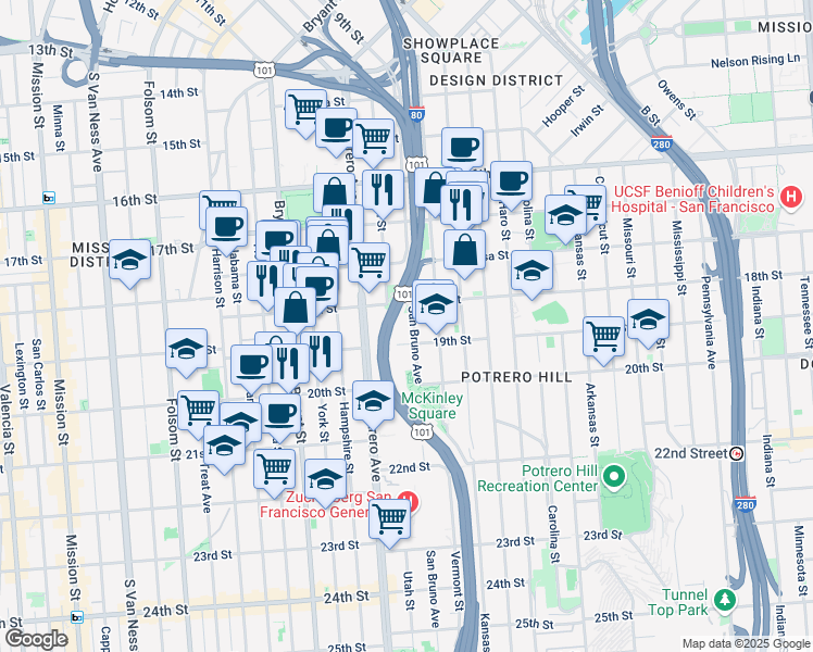 map of restaurants, bars, coffee shops, grocery stores, and more near 620 San Bruno Avenue in San Francisco