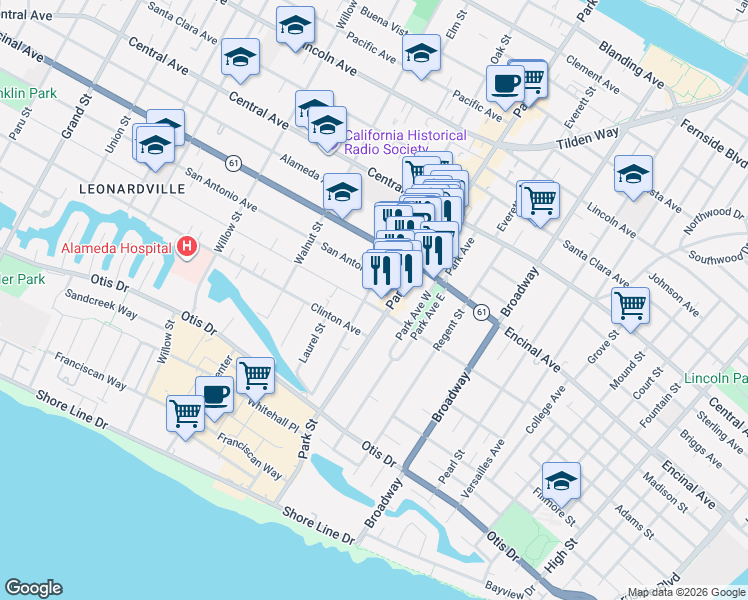 map of restaurants, bars, coffee shops, grocery stores, and more near 2309 San Jose Avenue in Alameda