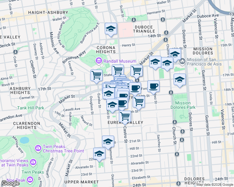 map of restaurants, bars, coffee shops, grocery stores, and more near 4149 18th Street in San Francisco