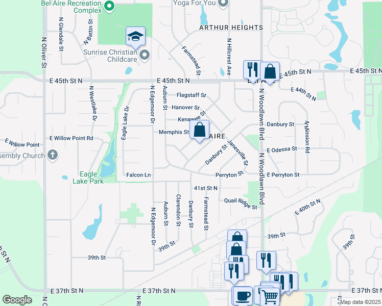 map of restaurants, bars, coffee shops, grocery stores, and more near 5811 Odessa in Bel Aire