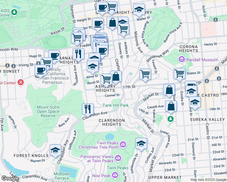 map of restaurants, bars, coffee shops, grocery stores, and more near 619 Belvedere Street in San Francisco