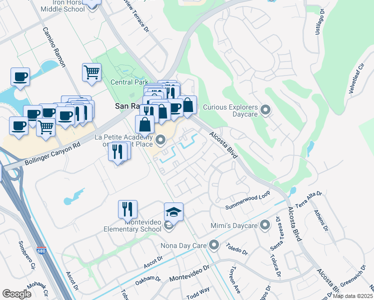map of restaurants, bars, coffee shops, grocery stores, and more near 255 Reflections Drive in San Ramon