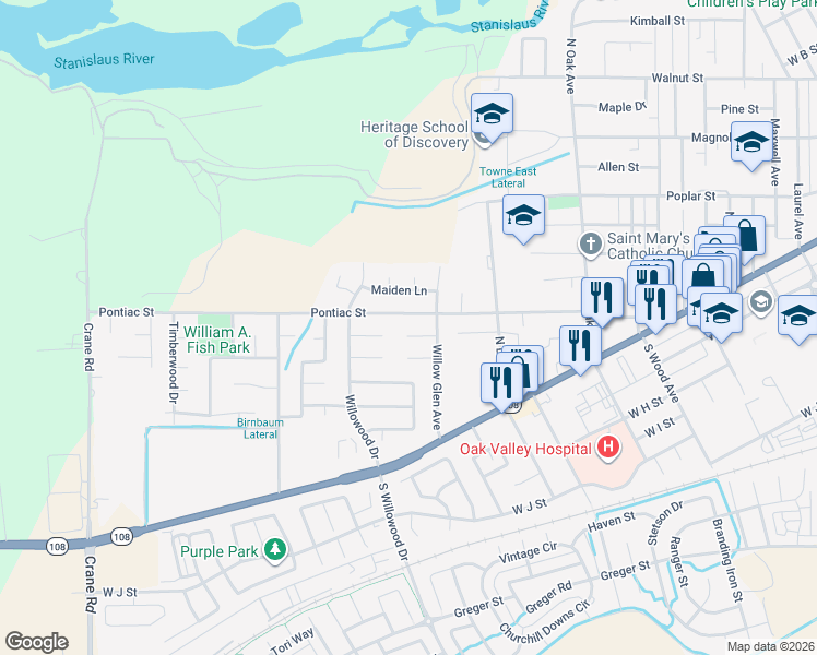 map of restaurants, bars, coffee shops, grocery stores, and more near 1829 Shadyside Court in Oakdale