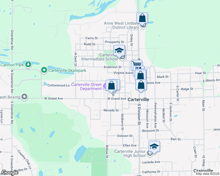 map of restaurants, bars, coffee shops, grocery stores, and more near 507 Idaho Avenue in Carterville