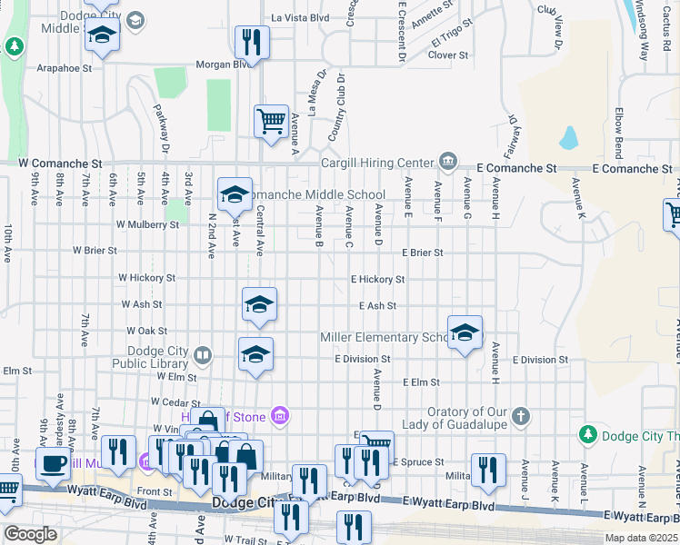 map of restaurants, bars, coffee shops, grocery stores, and more near 353-399 East Hickory Street in Dodge City