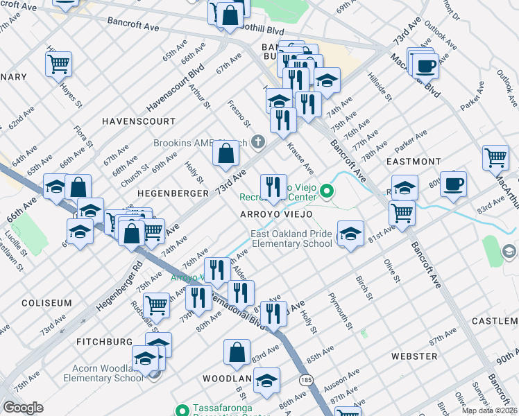 map of restaurants, bars, coffee shops, grocery stores, and more near 7629 Lockwood Street in Oakland