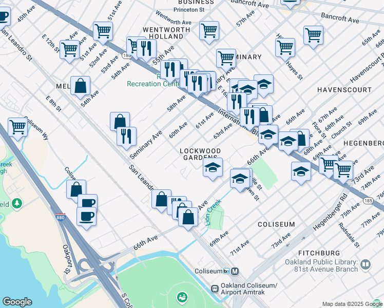 map of restaurants, bars, coffee shops, grocery stores, and more near 6228 Tevis Street in Oakland