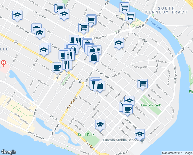 map of restaurants, bars, coffee shops, grocery stores, and more near 1354 Pearl Street in Alameda