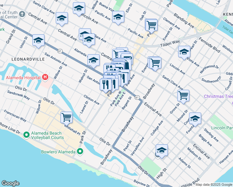 map of restaurants, bars, coffee shops, grocery stores, and more near 2430 Encinal Avenue in Alameda