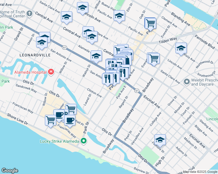 map of restaurants, bars, coffee shops, grocery stores, and more near 2309 San Jose Avenue in Alameda