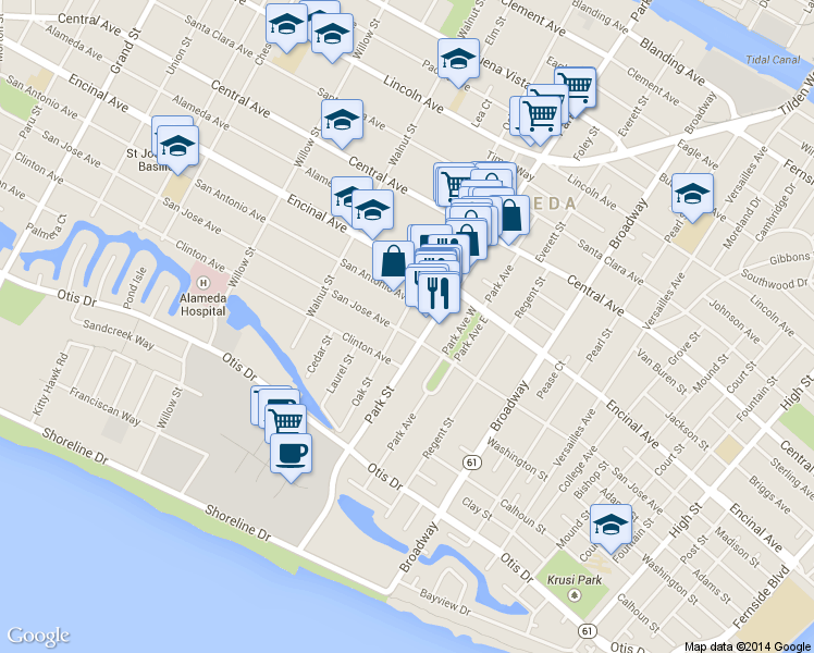 map of restaurants, bars, coffee shops, grocery stores, and more near 2309 San Jose Avenue in Alameda