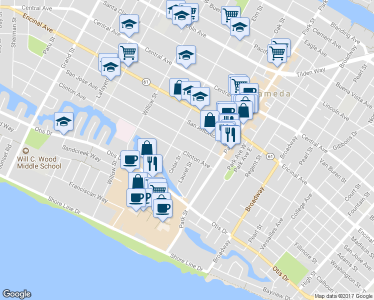 map of restaurants, bars, coffee shops, grocery stores, and more near 2236 Clinton Avenue in Alameda
