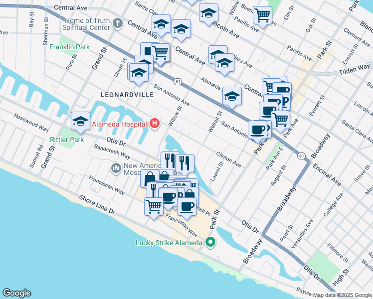 map of restaurants, bars, coffee shops, grocery stores, and more near 867 Walnut Street in Alameda