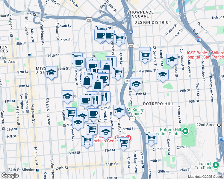 map of restaurants, bars, coffee shops, grocery stores, and more near 690 Potrero Avenue in San Francisco