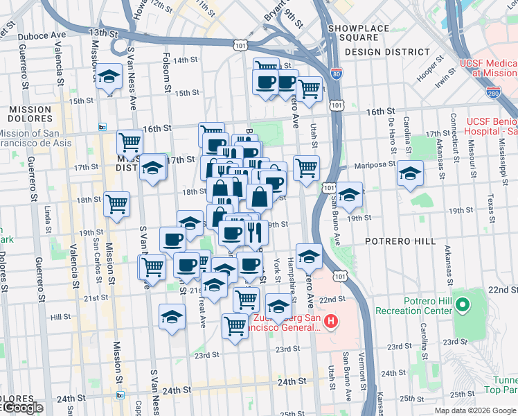 map of restaurants, bars, coffee shops, grocery stores, and more near 2050 Bryant Street in San Francisco