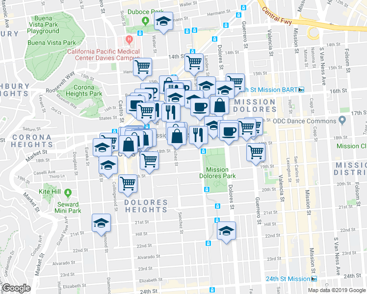 map of restaurants, bars, coffee shops, grocery stores, and more near in San Francisco