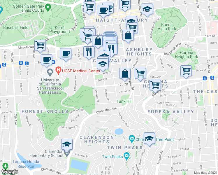 map of restaurants, bars, coffee shops, grocery stores, and more near in San Francisco