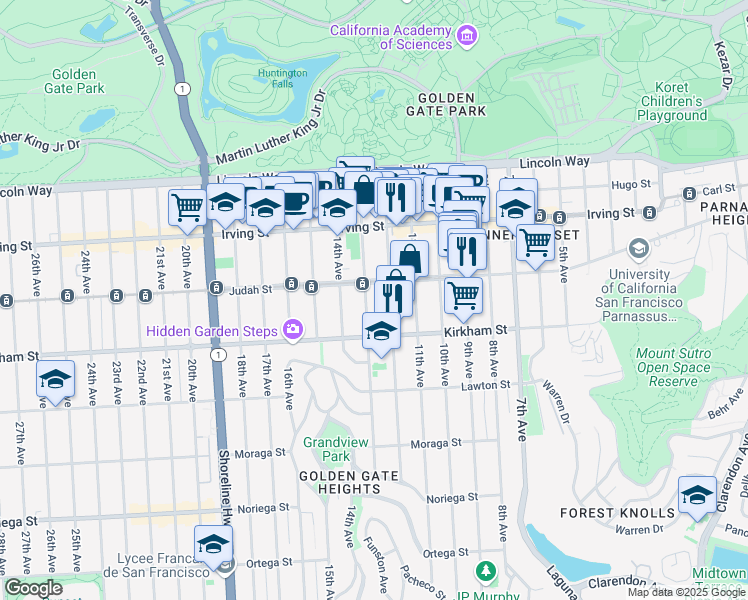 map of restaurants, bars, coffee shops, grocery stores, and more near 1451 Funston Avenue in San Francisco