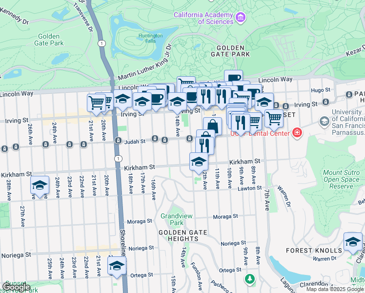 map of restaurants, bars, coffee shops, grocery stores, and more near 1451 Funston Avenue in San Francisco